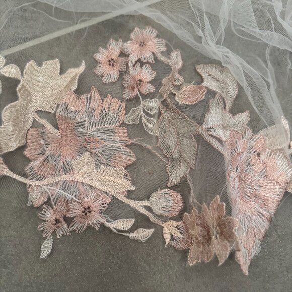 Bridal Floor-Length Veil with Blush Floral Appliqué main image 4